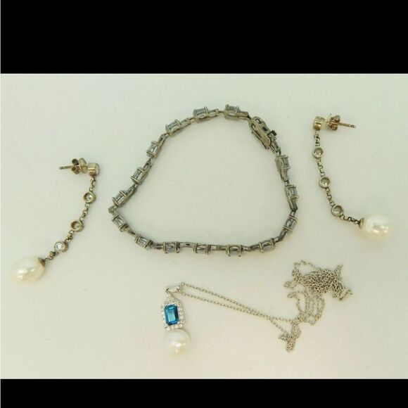 Artisan 925 Quartz & Pearl Pendant Necklace CZ Drop Earrings & Topaz Bracelet - Picture 3 of 12